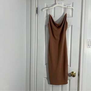 Brown Cowl Neck Slip Dress for Cocktail